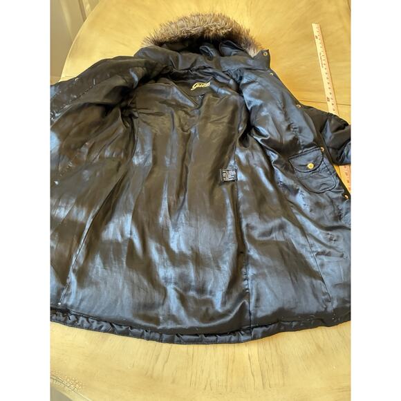 VTG Y2K Puffer Jacket Goose Down Feather Faux Fur Hood Black Silky Guess Women M - Picture 11 of 16
